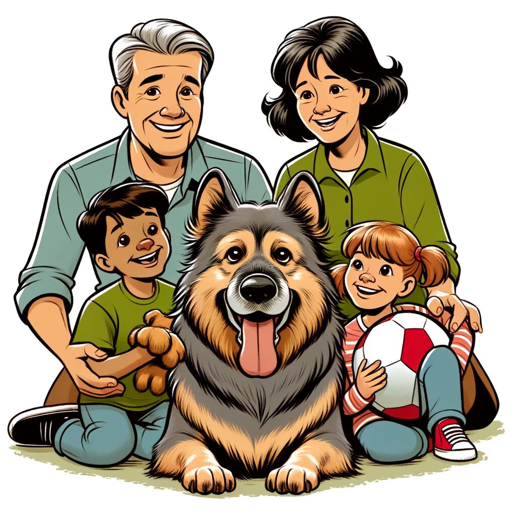 german shepherd cartoon with happy family, an old german shepherd